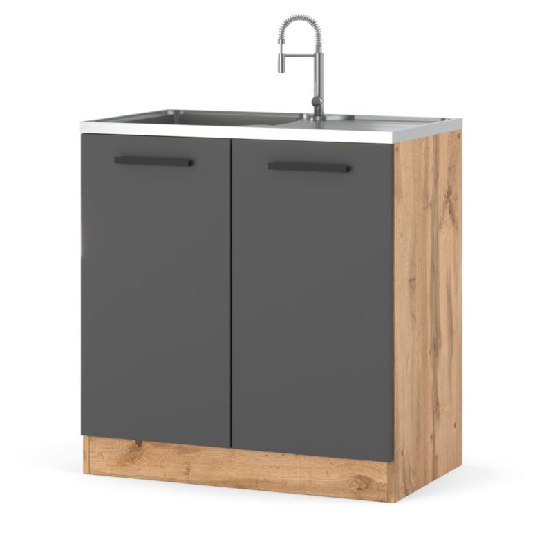 Szafka Kuchenna Hurtownia-Mebli Stojąca Pod zlewozmywak Blanka dolna D80 zlew 80cm Dąb Wotan Szary Mat 80x47x82.2 cm 1szt.