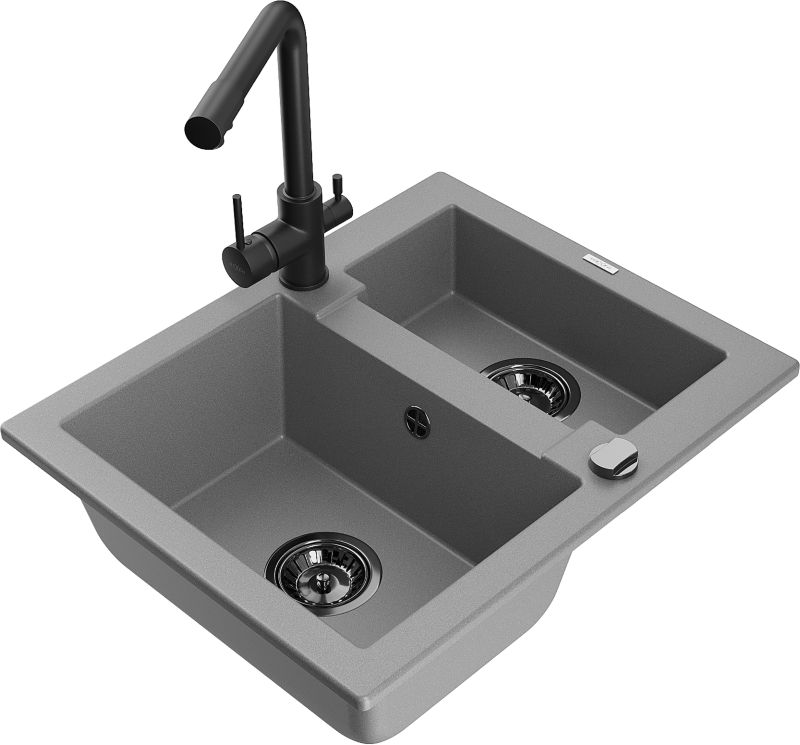 Zlewozmywak granitowy Mexen Carlos 1,5-komorowy z baterią kuchenną Duero szary 6518-71-671600-70-B