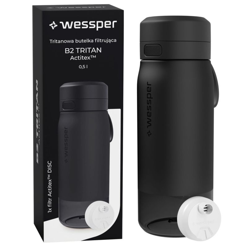 Butelka na wodę, Wessper, filtrująca, tritanowa, bidon, z filtrem wody, bez BPA, 500ml, B2 TRITAN Actitex, czarna, 1szt