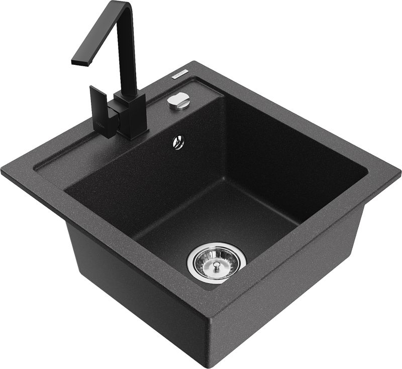 Zlewozmywak granitowy Mexen Vito 1-komorowy z baterią kuchenną Savita czarny - 6503-76-672601-00 1 szt.