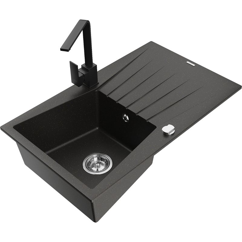 Zlewozmywak granitowy 1-komorowy Mexen Cesar z ociekaczem i baterią Rita czarny/złoty metalik - 6514-75-670300-50-B 1 szt.