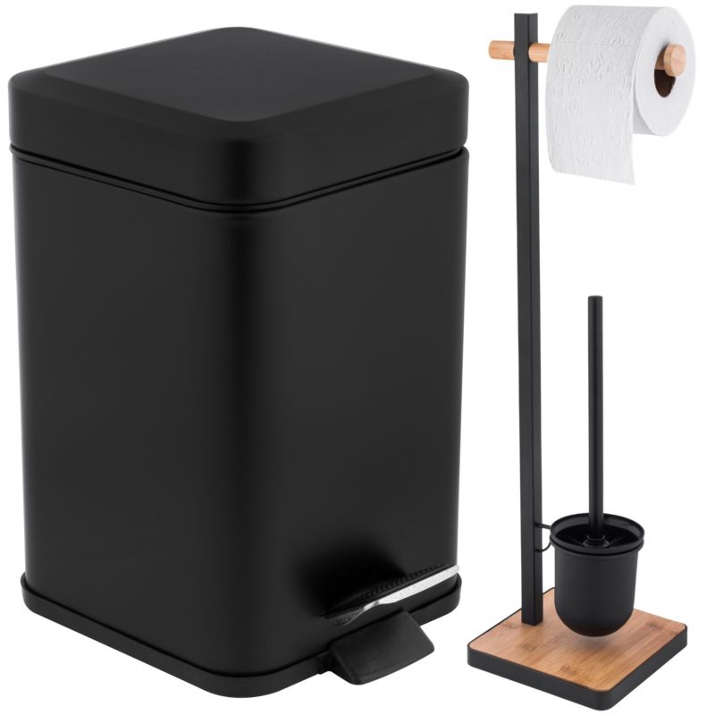 Zestaw Łazienkowy Yoka Home Czarny Mat z Bambusem: Kwadratowy Kosz na śmieci 3L i Stojak na Papier Toaletowy ze Szczotką - 1 szt.