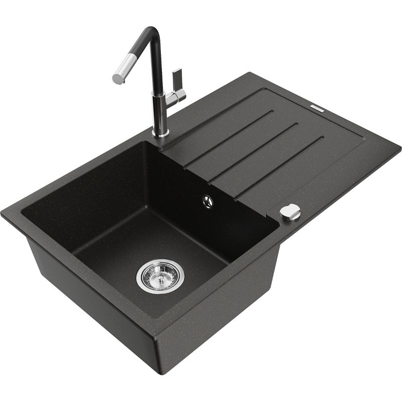 Zlewozmywak granitowy 1-komorowy Mexen Bruno z ociekaczem i baterią kuchenną Flora czarny/złoty metalik 6513-75-670401-07