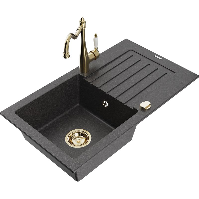 Zlewozmywak granitowy 1-komorowy Mexen Pablo z ociekaczem i baterią kuchenną Carla czarny nakrapiany 6510-76-670700-50