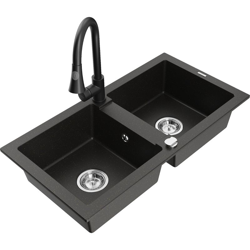 Zlewozmywak granitowy 2-komorowy Mexen Mario z baterią kuchenną Elia czarny/złoty metalik 6504-75-670101-70