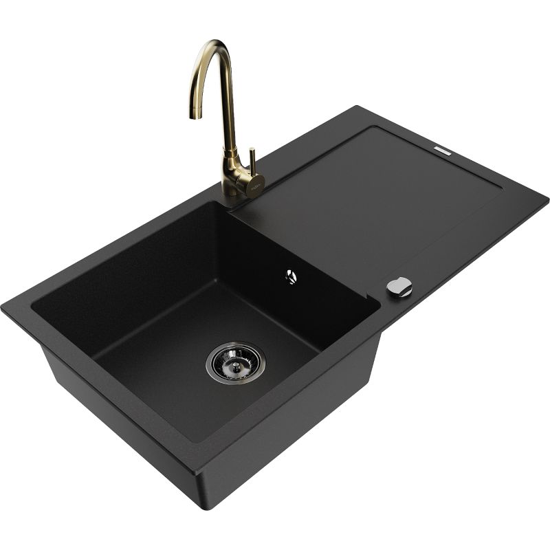 Zlewozmywak granitowy 1-komorowy Mexen Leo z ociekaczem i baterią kuchenną Telma czarny 6501-77-670200-50-B