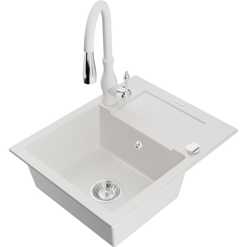 Zlewozmywak granitowy 1-komorowy Mexen Enzo z ociekaczem i baterią kuchenną Savita biały 6506-20-672601-20