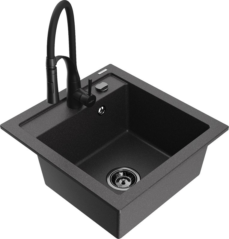 Zlewozmywak granitowy Mexen Vito 1-komorowy z baterią kuchenną Carla czarny - 6503-76-670700-76 1 szt.