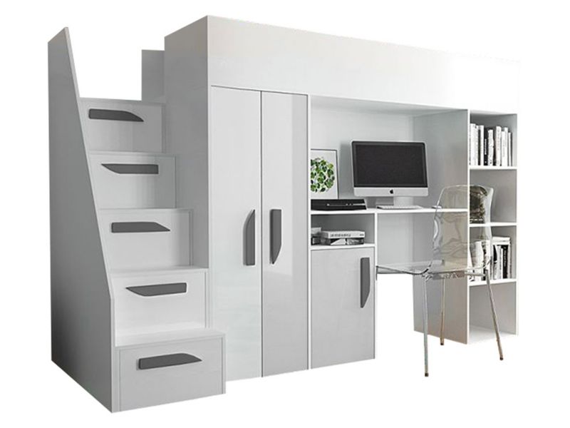 Łóżko piętrowe ze schodami MIRJAN 24 Party 14 biały połysk+uchwyty szare 1 kpl.