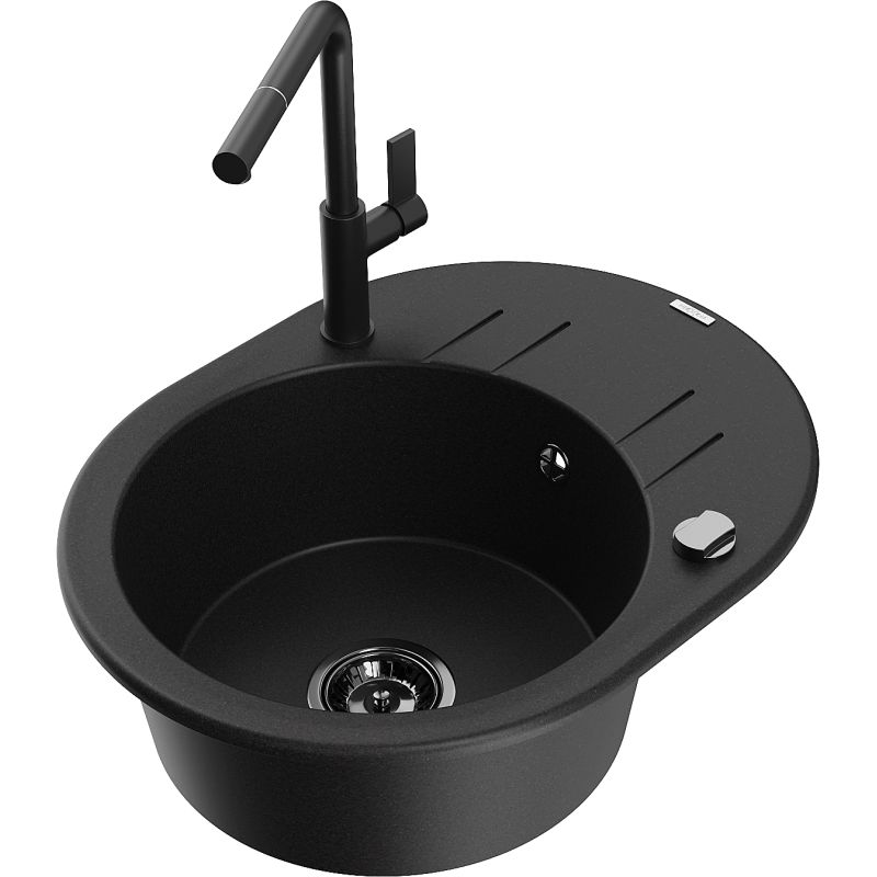 Zlewozmywak granitowy 1-komorowy Mexen Kevin z ociekaczem i baterią kuchenną Flora czarny - 6517-77-670401-57-G 1 szt.