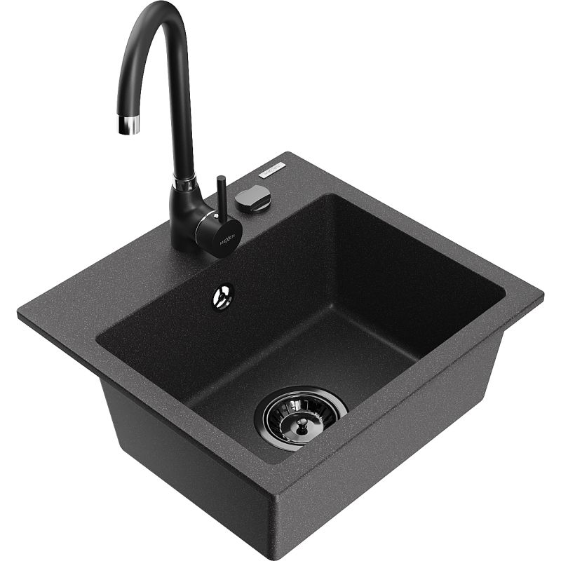 Zlewozmywak granitowy 1-komorowy Mexen Milo z baterią kuchenną Telma czarny nakrapiany - 6505-76-670200-00 1 szt.