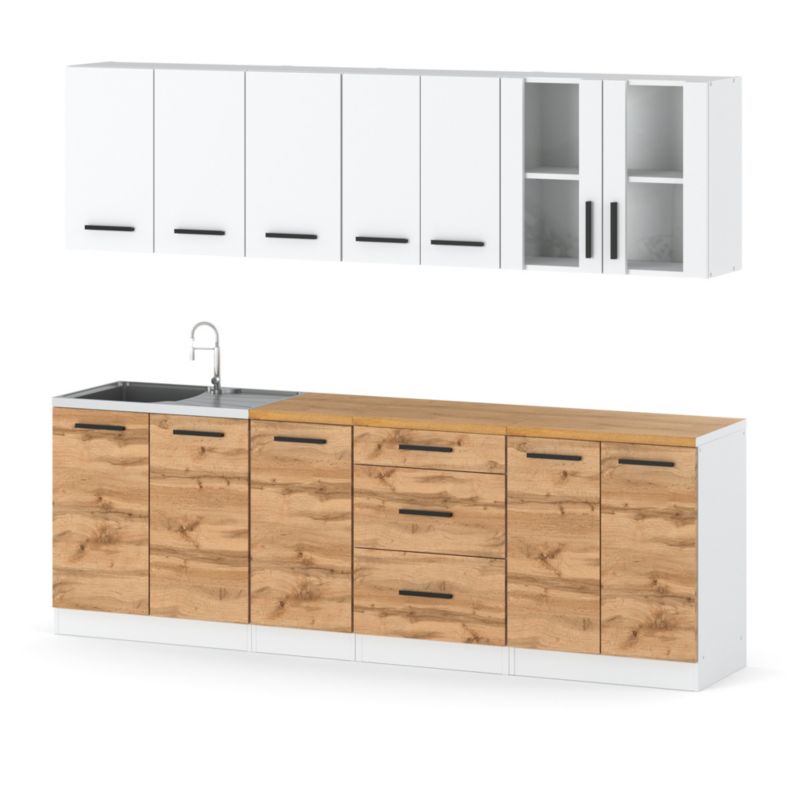 Zestaw Kuchenny Hurtownia-Mebli Z Blatem Kuchnia Remino 260cm Biały Mat Biały Mat/Dąb Wotan 260x47x145 cm 1szt.