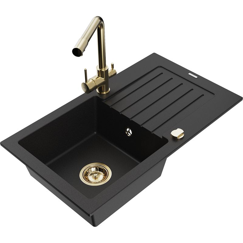 Zlewozmywak granitowy 1-komorowy Mexen Pablo z ociekaczem i baterią kuchenną Duero czarny 6510-77-671600-50