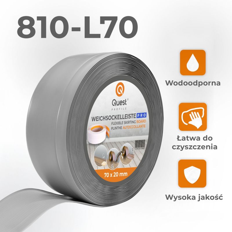 Listwa przypodłogowa PCV 70x20mm, QUEST, elastyczna, miękka listwa podłogowa, cokołowa, szary, 5m