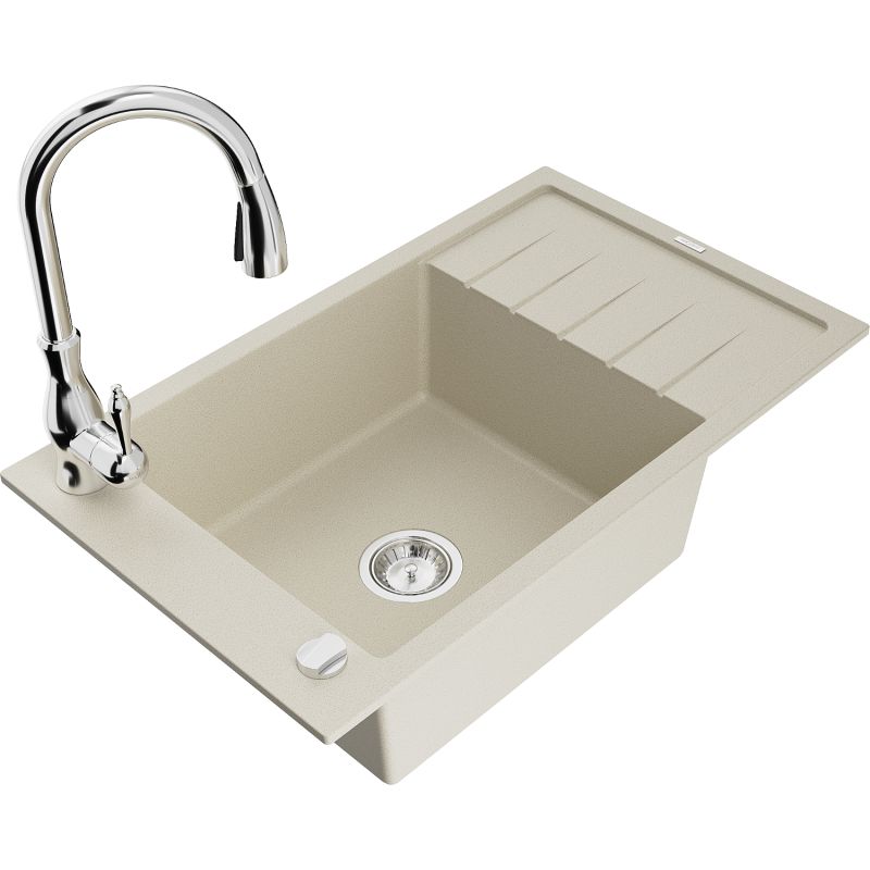 Zlewozmywak granitowy 1-komorowy Mexen Elias z ociekaczem i baterią kuchenną Savita beżowy - 6511-69-672601-70 1 szt.