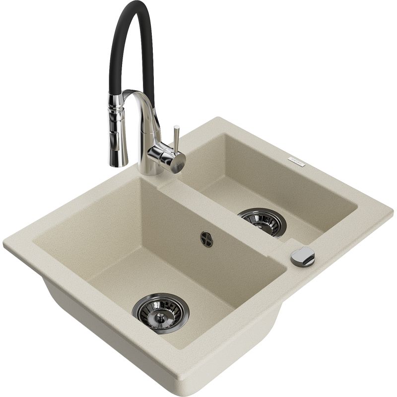 Zlewozmywak granitowy 1.5-komorowy Mexen Carlos z baterią kuchenną Aster beżowy 6518-69-73450-07-B