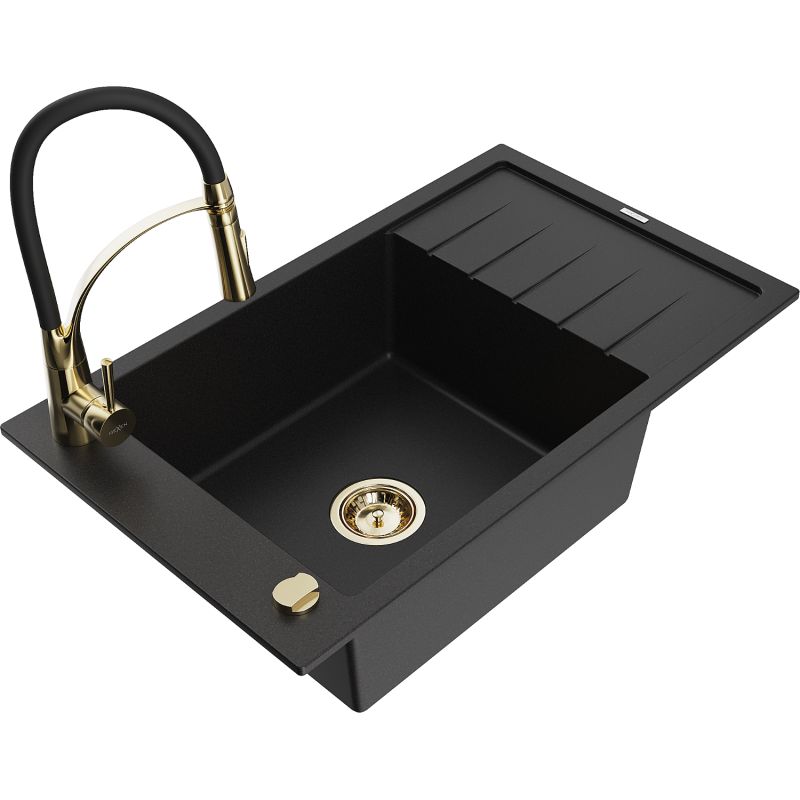 Zlewozmywak granitowy 1-komorowy Mexen Elias z ociekaczem i baterią kuchenną Aster czarny 6511-77-73450-57-G