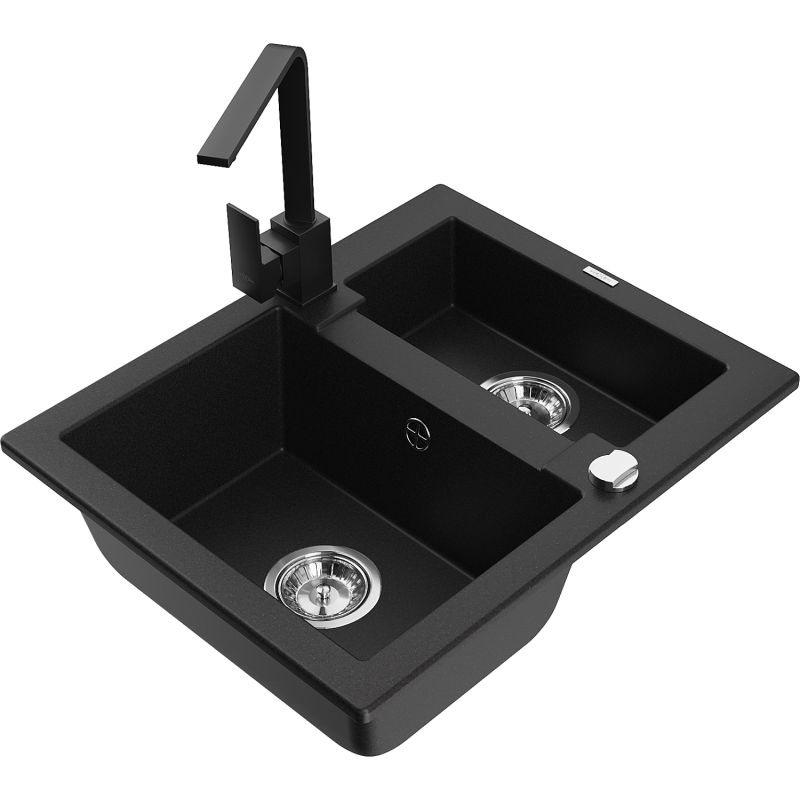 Zlewozmywak granitowy 1.5-komorowy Mexen Carlos z baterią kuchenną Rita czarny - 6518-77-670300-70-B 1 szt.