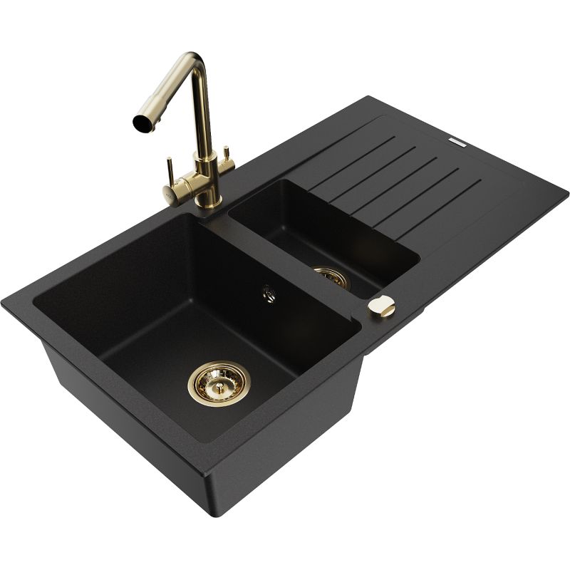 Zlewozmywak granitowy 1.5-komorowy Mexen Matias z ociekaczem i baterią kuchenną Duero czarny - 6502-77-671600-00 1 szt.