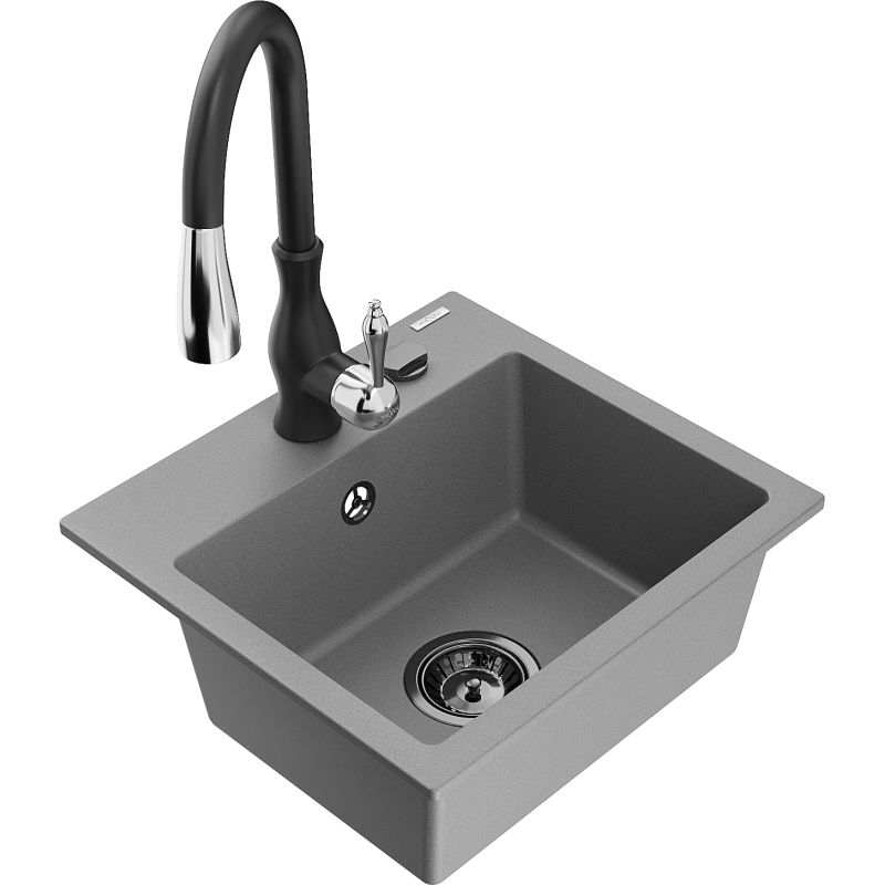 Zlewozmywak granitowy 1-komorowy Mexen Milo z baterią kuchenną Savita szary 6505-71-672601-70-B