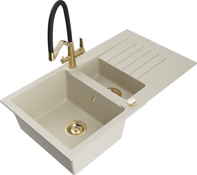 Zlewozmywak granitowy Mexen Matias 1,5-komorowy z ociekaczem i baterią kuchenną Duo beżowy 6502-69-671701-57-G