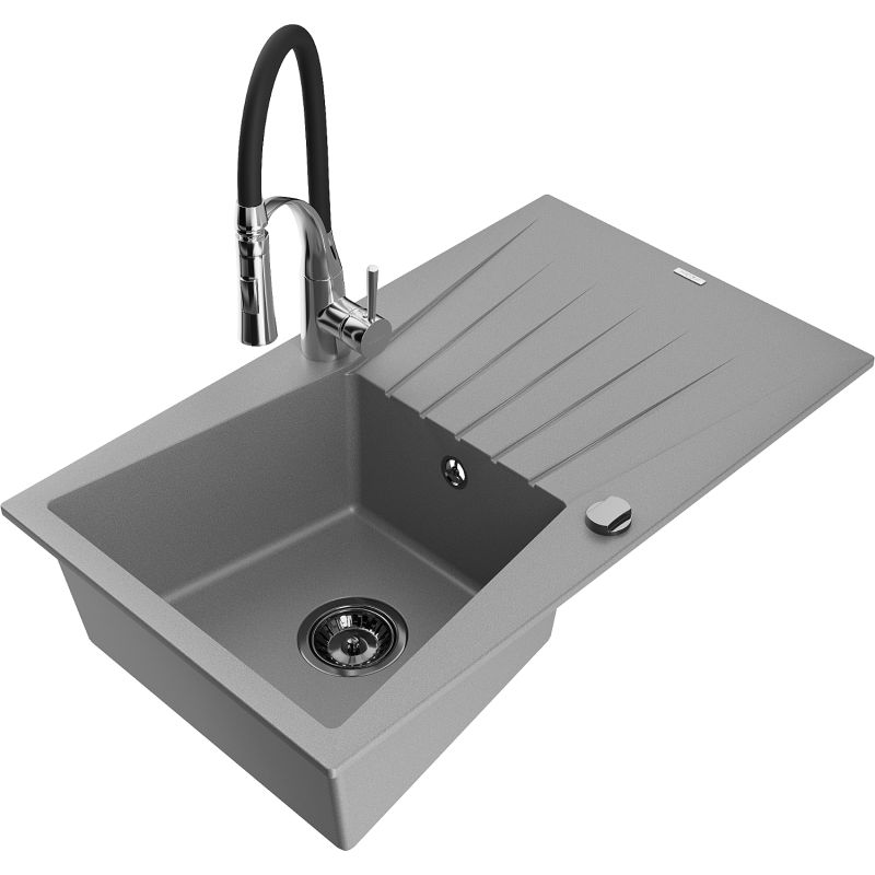 Zlewozmywak granitowy 1-komorowy Mexen Cesar z ociekaczem i baterią kuchenną Aster szary - 6514-71-73450-70-B 1 szt.