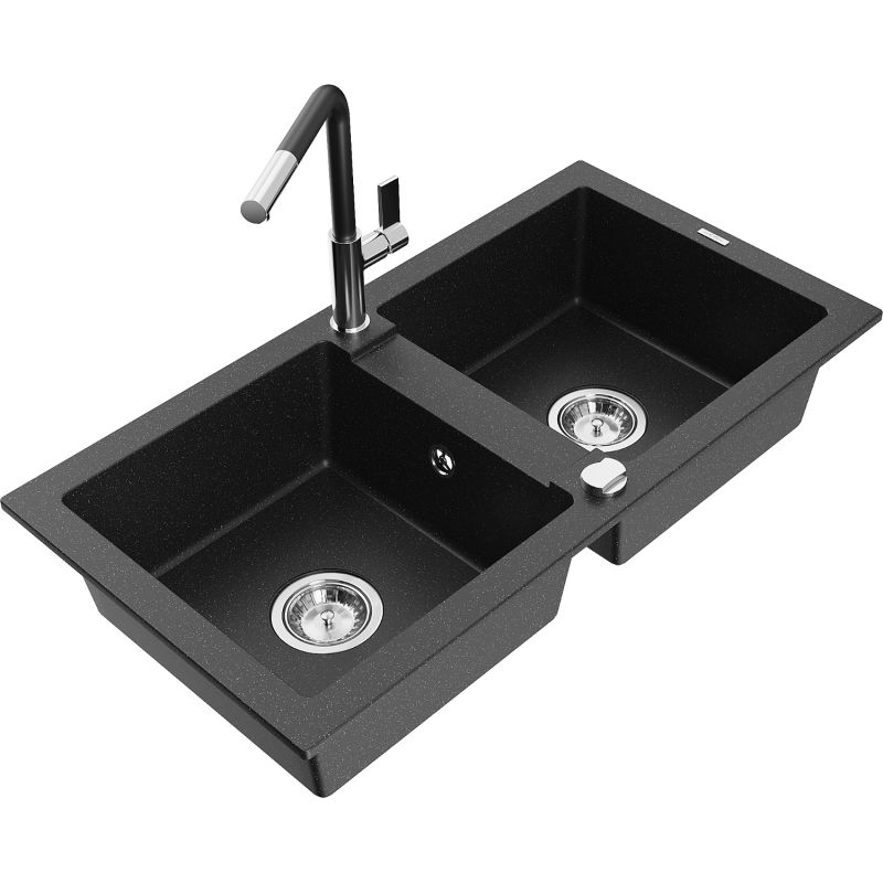 Zlewozmywak granitowy 2-komorowy Mexen Mario z baterią kuchenną Flora czarny/srebrny metalik 6504-73-670401-07