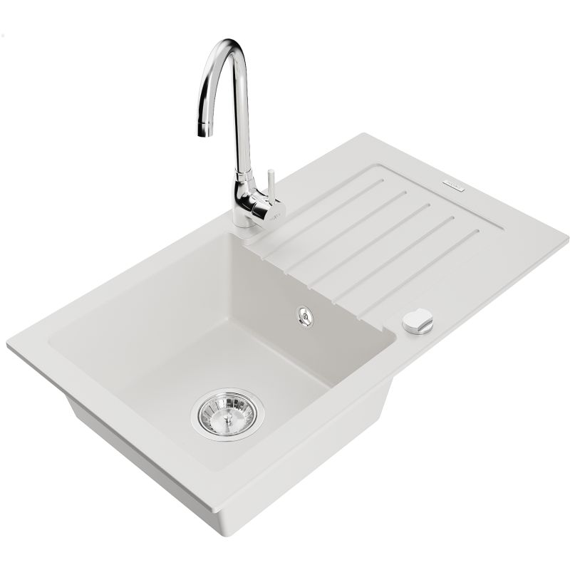 Zlewozmywak granitowy 1-komorowy Mexen Pablo z ociekaczem i baterią kuchenną Telma biały 6510-20-670200-00