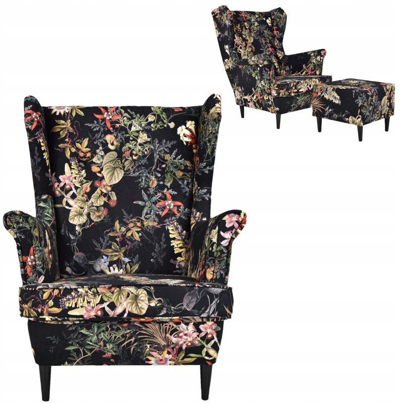 Fotel uszak do salonu z podnóżkiem Family Meble ARI PRINT czarny 1szt