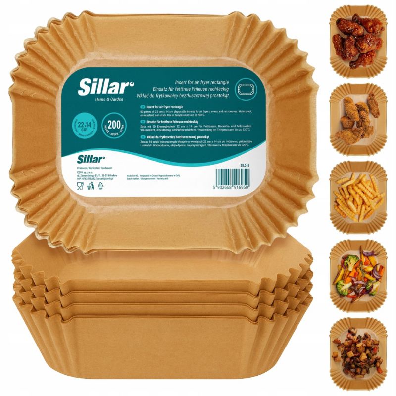 Papier do pieczenia, Sillar, do Air Fryer, frytkownicy, piekarnika, wkład, nieprzywierający, 22x14cm, prostokąt, 200szt