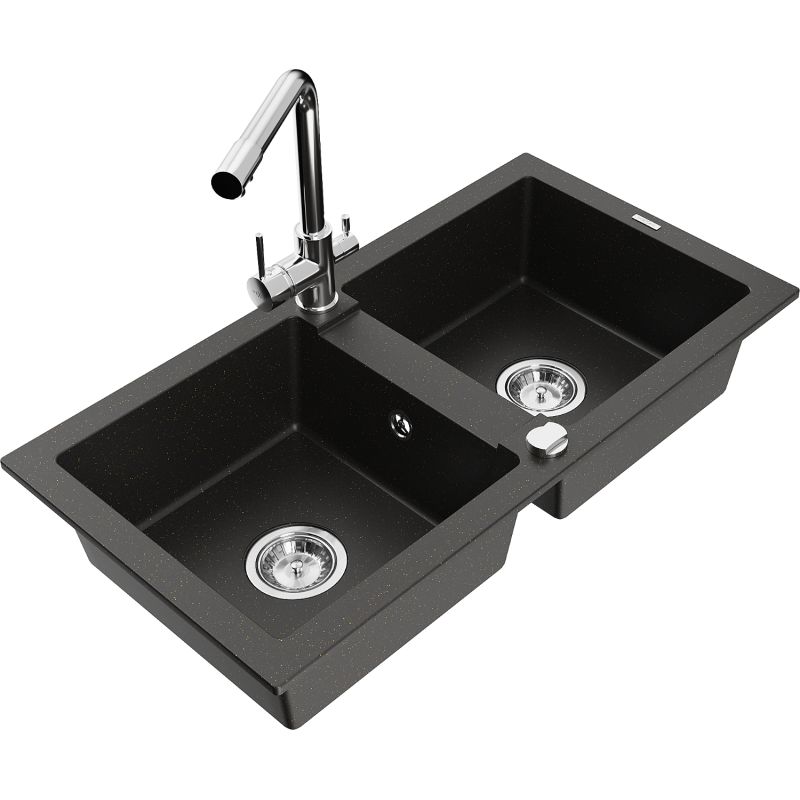 Zlewozmywak granitowy 2-komorowy Mexen Mario z baterią kuchenną Duero czarny/złoty metalik 6504-75-671600-00