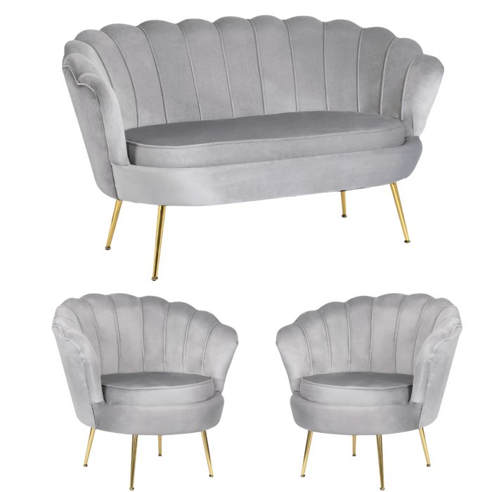 Zestaw Mebel Elite Sofa Szara i 2 Fotele Muszelka Meble Wypoczynkowe 1 szt