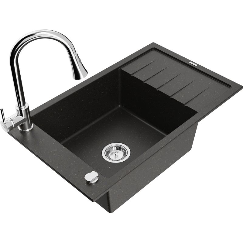 Zlewozmywak granitowy 1-komorowy Mexen Elias z ociekaczem i baterią kuchenną Elia czarny/złoty metalik 6511-75-670101-00