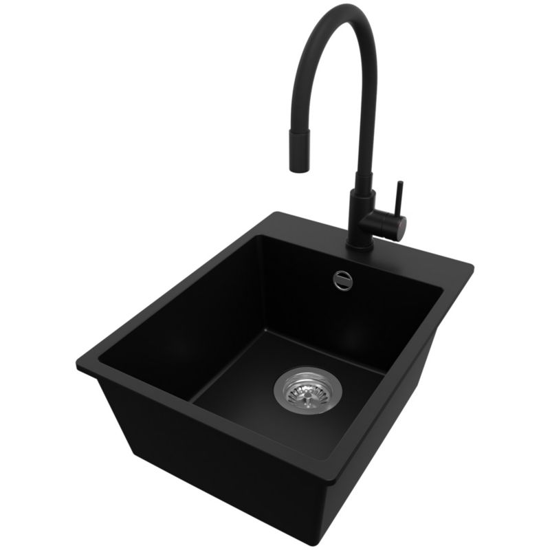 Zlewozmywak Granitowy Ryga PRIMAGRAN Nablatowy 38x50cm do szafki od 40cm, Czarny + Bateria 40x38cm + Syfon, S061, 1 szt.