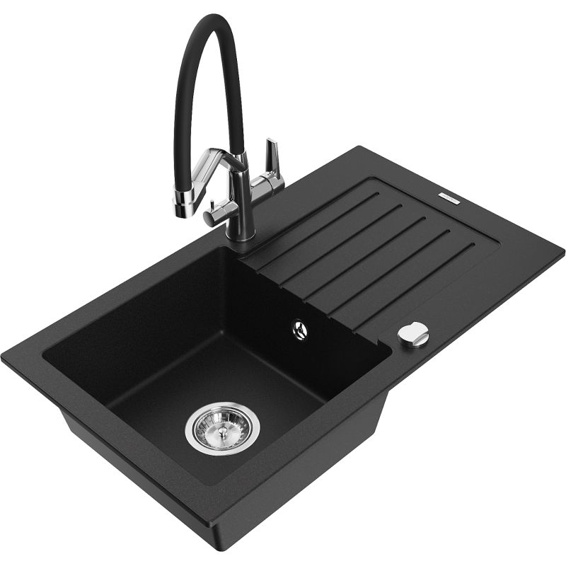 Zlewozmywak granitowy 1-komorowy Mexen Pablo z ociekaczem i baterią kuchenną Duo czarny 6510-77-671701-07