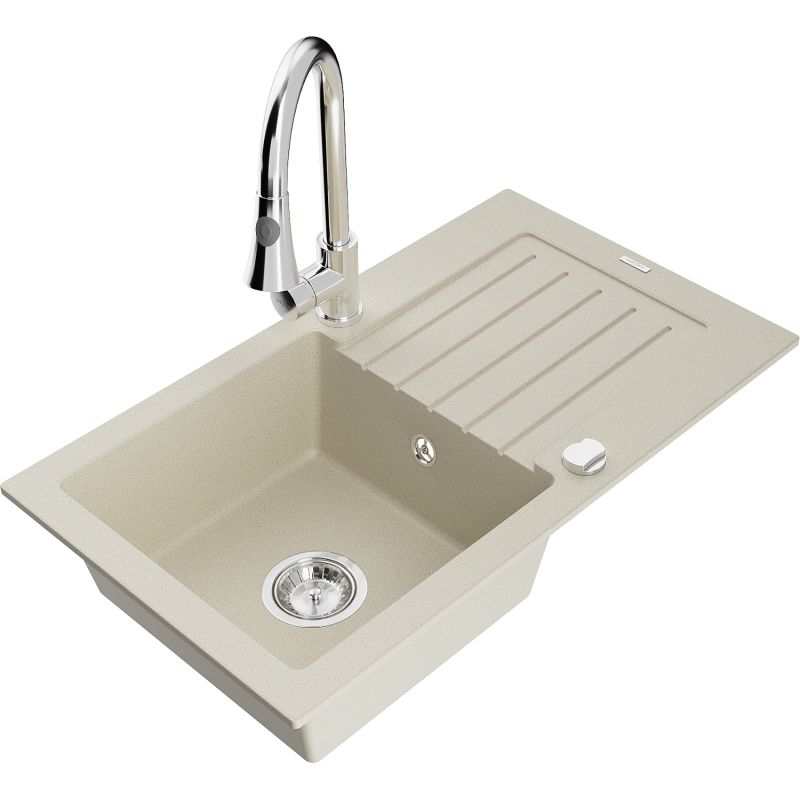 Zlewozmywak granitowy 1-komorowy Mexen Pablo z ociekaczem i baterią kuchenną Elia beżowy 6510-69-670101-00