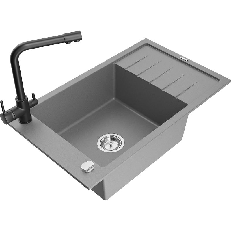 Zlewozmywak granitowy 1-komorowy Mexen Elias z ociekaczem i baterią kuchenną Duero szary 6511-71-671600-70