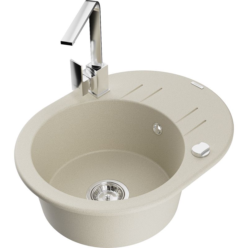 Zlewozmywak granitowy 1-komorowy Mexen Kevin z ociekaczem i baterią kuchenną Rita beżowy 6517-69-670300-00