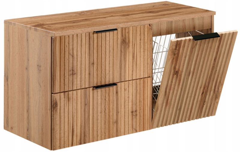 Szafka pod umywalkę Furnidea 100 cm dąb wotan ryflowana z koszem na pranie blat dąb wotan Adel 1 szt.