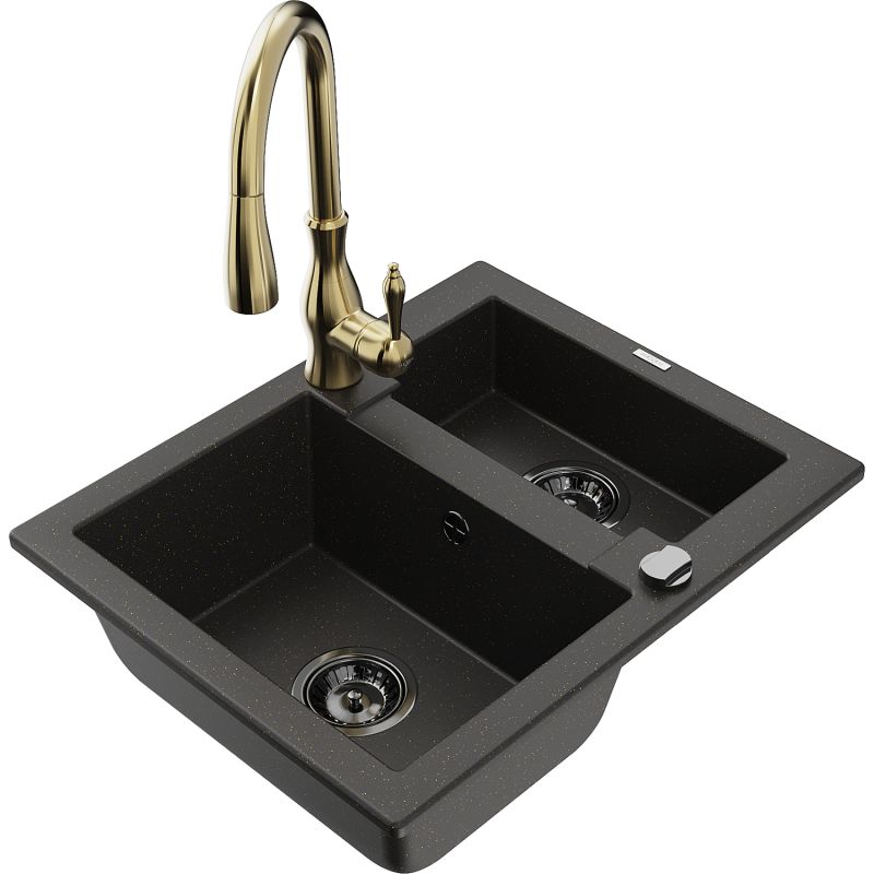 Zlewozmywak granitowy 1.5-komorowy Mexen Carlos z baterią kuchenną Savita czarny/złoty metalik 6518-75-672601-50-B