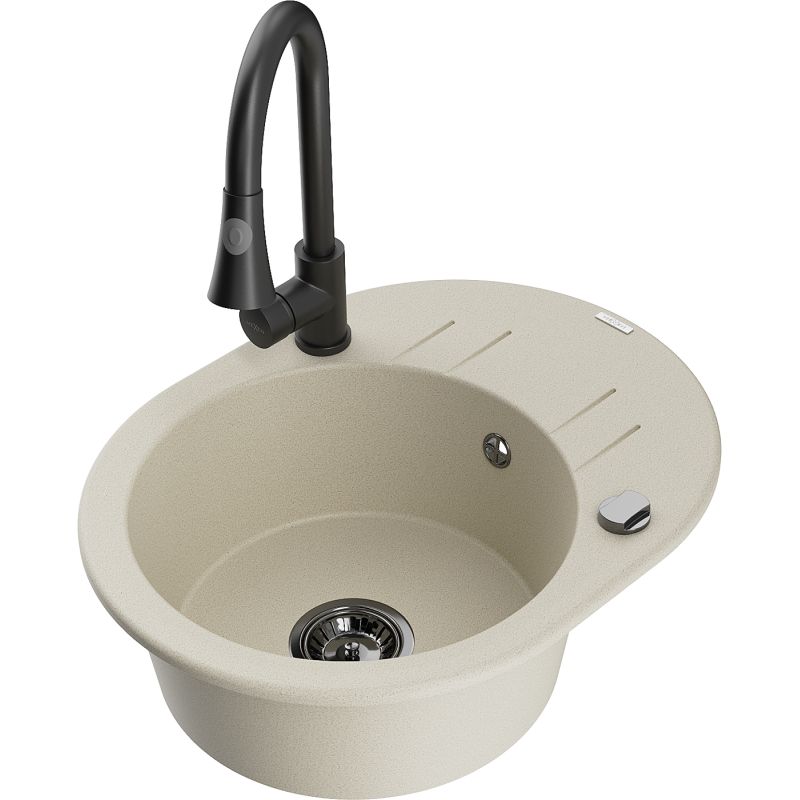 Zlewozmywak granitowy 1-komorowy Mexen Kevin z ociekaczem i baterią kuchenną Elia biały - 6517-20-670101-70 1 szt.