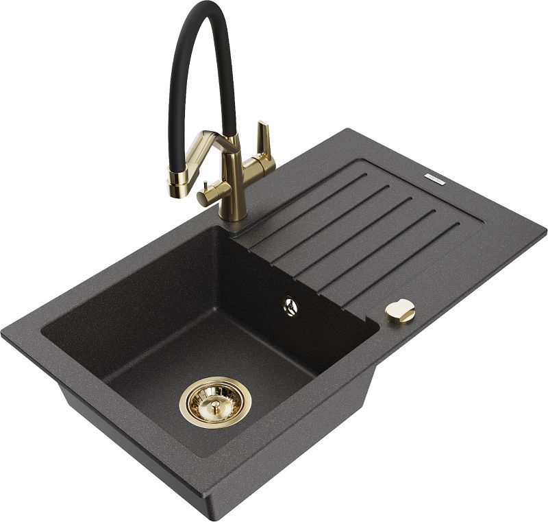 Zlewozmywak granitowy Mexen Pablo 1-komorowy z ociekaczem i baterią kuchenną Duo czarny 6510-76-671701-57-G