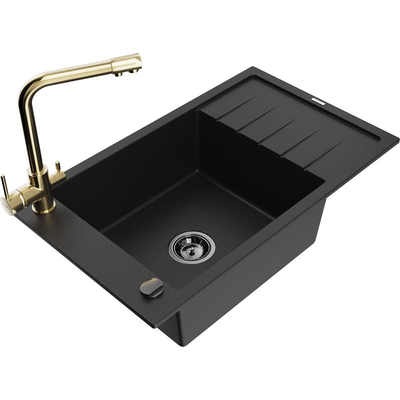 Zlewozmywak granitowy 1-komorowy Mexen Elias z ociekaczem i baterią kuchenną Duero czarny 6511-77-671600-50-B