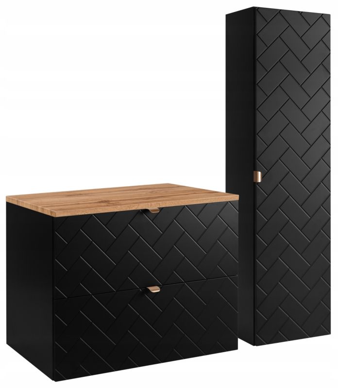 Zestaw mebli łazienkowych Furnidea czarny 80 cm szafka pod umywalkę blat dąb wotan słupek ryflowany Trend zestaw