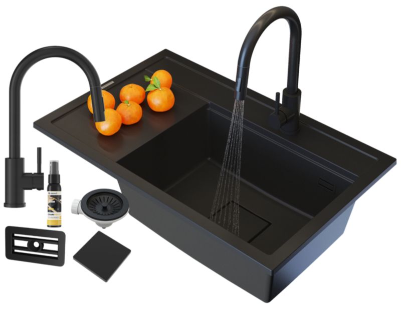 Zlewozmywak Granitowy z komorą po prawej stronie Granitan Rendo czarny z Baterią i Syfonem 1kpl.