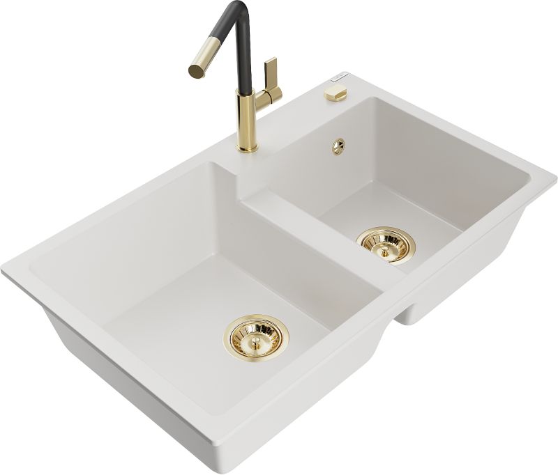 Zlewozmywak granitowy Mexen Tomas 2-komorowy z baterią kuchenną Flora biały - 6516-20-670401-00 1 szt.