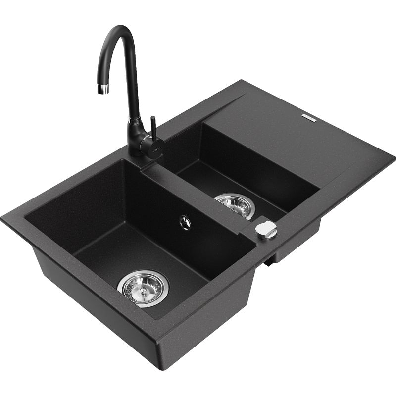 Zlewozmywak granitowy 1.5-komorowy Mexen Gaspar z ociekaczem i baterią Telma czarny nakrapiany - 6507-76-670200-70 1 szt.