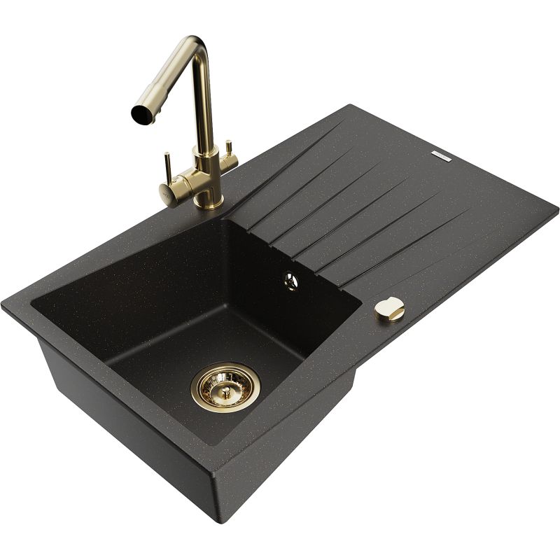 Zlewozmywak granitowy 1-komorowy Mexen Cesar z ociekaczem i baterią kuchenną Duero czarny/złoty metalik 6514-75-671600-50