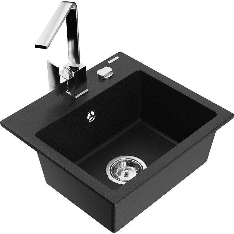 Zlewozmywak granitowy 1-komorowy Mexen Milo z baterią kuchenną Rita czarny - 6505-77-670300-70-B 1 szt.