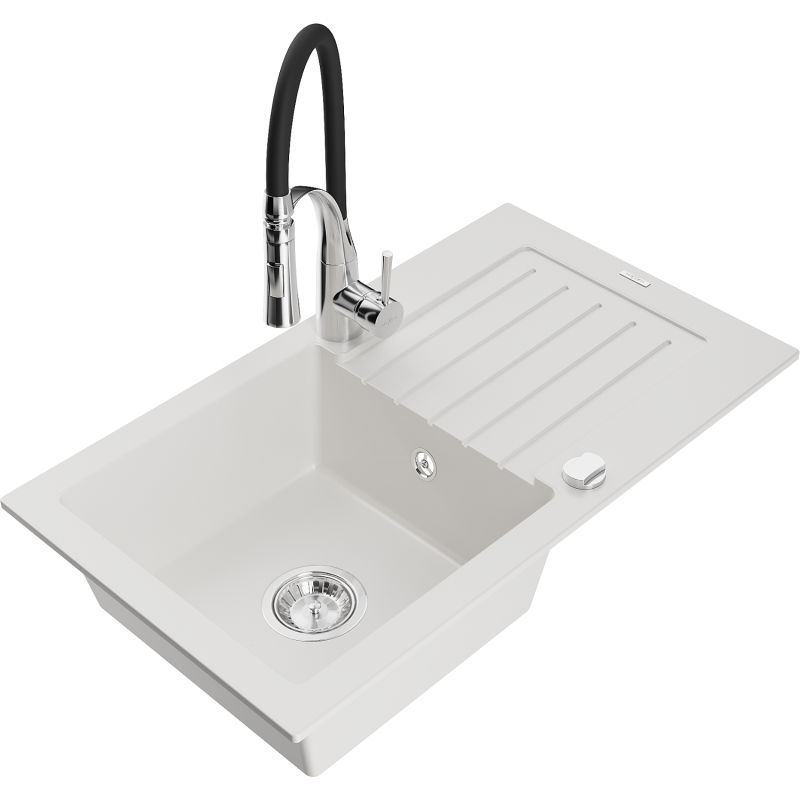 Zlewozmywak granitowy 1-komorowy Mexen Pablo z ociekaczem i baterią kuchenną Aster biały 6510-20-73450-07